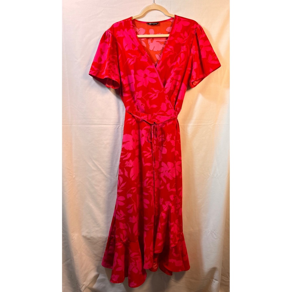 Red Pink Floral Wrap Maxi Dress Sz XL Ruffle Hem Wedding Guest
